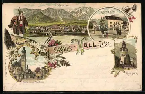 Lithographie Hall i. Tirol, Gasthaus Stern, Münzturm, Stadtplatz mit Pfarrkirche