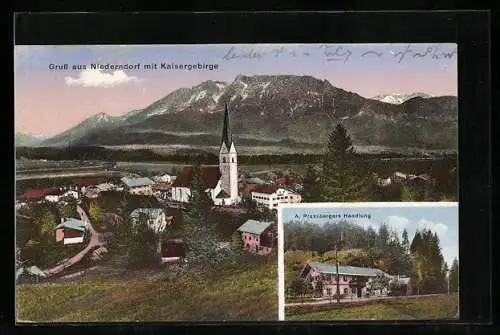 AK Niederndorf, A. Prassbergers Handlung, Ortsansicht mit Kaisergebirge