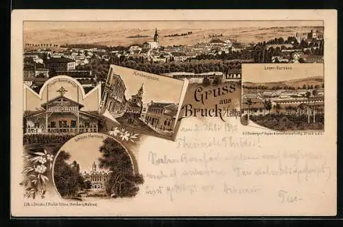 Lithographie Bruck a. Leitha, Schloss Harrach, Lager-Hauptwache, Kirchengasse, Lager-Baracken, Gesamtansicht um 1900