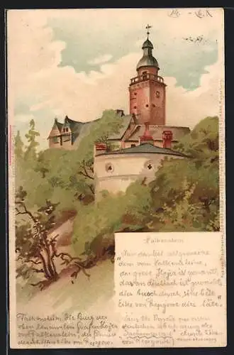 Lithographie Falkenstein / Selketal, Blick hinauf zum Kirchturm