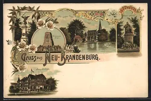 Lithographie Neubrandenburg, Hotel Augusta-Bad, Stargarder Thor