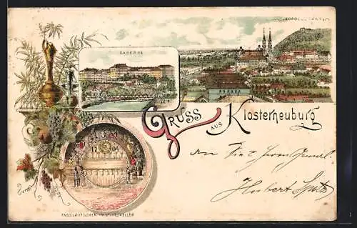 Lithographie Klosterneuburg, Leopoldsberg, Kaserne, Fasslrutschen im Stiftskeller