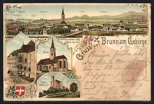 Lithographie Brunn am Gebirge, Teilansicht mit Brauhaus, Wienerwald und Wällischhof, Ruine Lichtenstein, Kirche