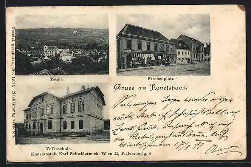 AK Ravelsbach, Totalansicht, Volksschule, Kirchenplatz