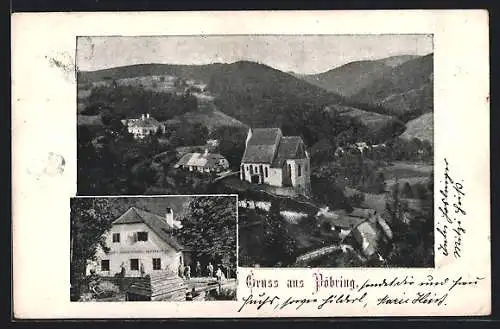 AK Pöbring, Gasthaus, Ortspartie mit Kirche