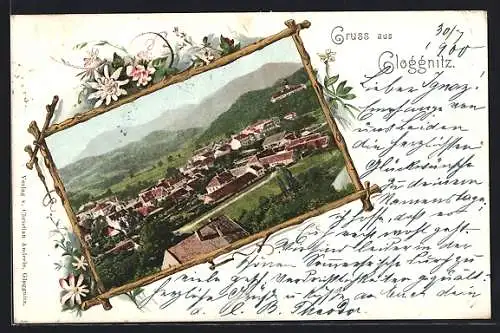 Passepartout-Lithographie Gloggnitz, Ortspanorama im blumenverzierten Holzrahmen