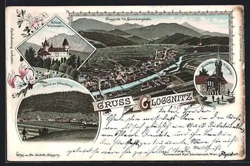 Lithographie Gloggnitz, Maria Taferl am Eichberg, Ortsansicht mit Semmeringbahn, Schloss Wartenstein, Silbersberg