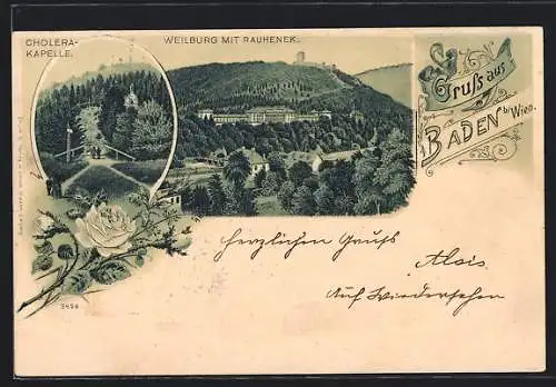 Lithographie Baden b. Wien, Weilburg mit Rauhenek, Cholera-Kapelle
