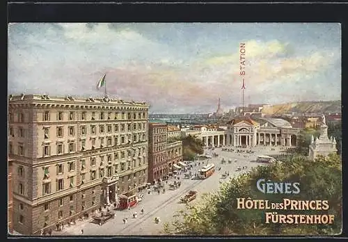 Künstler-AK Genova, Hotel des Princes Fürstenhof, Tram, Strassenbahnen