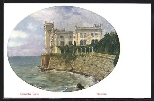 Künstler-AK Trieste / Triest, Blick zum Schloss Miramar
