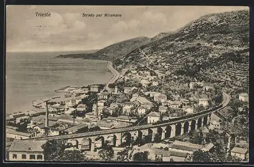 AK Trieste, Strado per Miramare, Ortsansicht mit Viadukt
