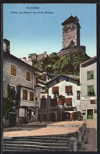 AK Klausen, Strassenpartie mit Blick zur Ruine Branzoll