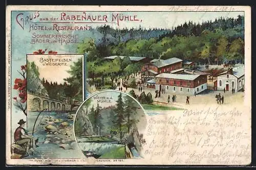 Lithographie Rabenau / Sachsen, Gasthaus Rabenauer Mühle, Wehr an der Mühle