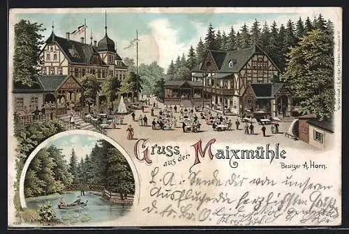 Lithographie Dresden-Pillnitz, Blick auf das Gasthaus Meixmühle