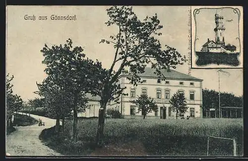 AK Dresden-Gönnsdorf, Prinz Friedrich August Turm, Strassenpartie am Gasthof