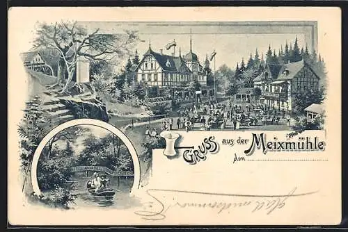 Lithographie Dresden-Pillnitz, Gasthaus Meixmühle und Bootspartie