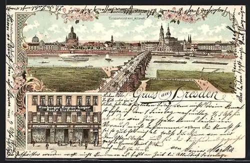 Lithographie Dresden, Hamburger Engros-Lager A. Sternberg, Wilsdruffer Strasse 29, Elbpanorama