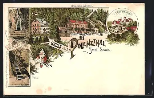 Lithographie Polenz / Neustadt, Wolfsschlucht, Schloss Hohnstein, Restauration Polenzthal