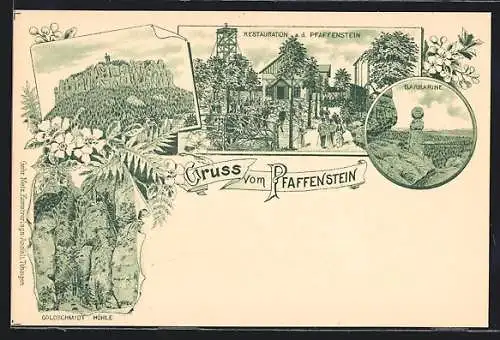 Lithographie Königstein / Elbe, Gasthaus auf dem Pfaffenstein, Barbarine