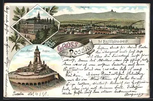Lithographie Rossla, Schloss, Kaiser Wilhelm Denkmal