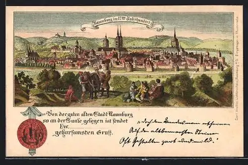 Lithographie Naumburg /Saale, Ortsansicht im 17. Jahrhundert, mit Händlern und rastenden Bürgern, Siegel
