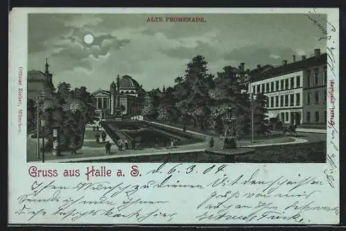 Mondschein-Lithographie Halle a. S., Alte Promenade mit Credit-Geschäft