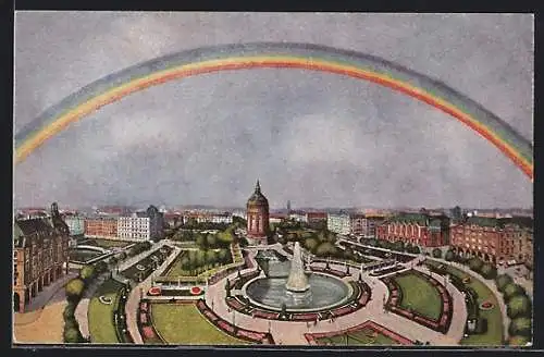 Künstler-AK Mannheim, Regenbogen über dem Friedrichsplatz mit Wasserturm und Fontaine