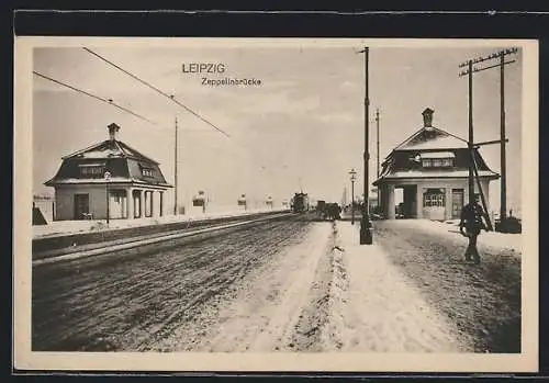 AK Leipzig, Zeppelinbrücke im Winter mit Strassenbahn