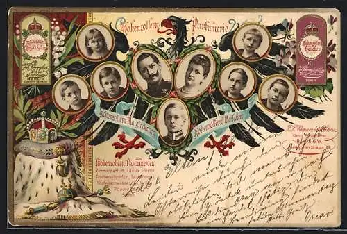 AK Reklame für Hohenzollern-Parfumerie, Veilchen-Maiglöckchen Duft, Portraits des Kaiserhauses von Preussen