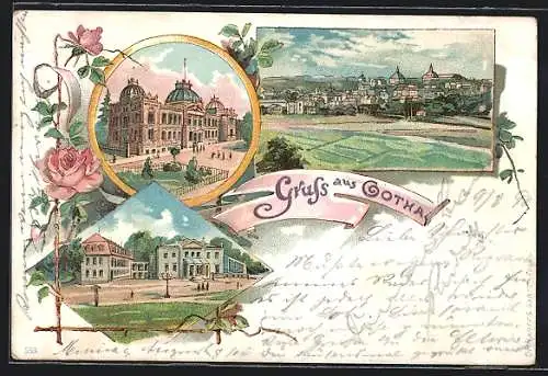 Lithographie Gotha, Schloss, Ortsansicht mit Feldern, Rosen