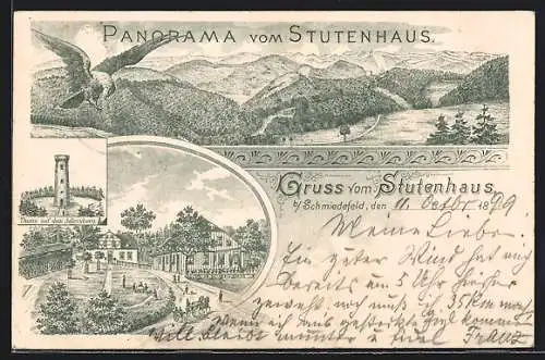 Lithographie Vesser, Gasthof Stutenhaus, Thurm auf dem Adlersberg