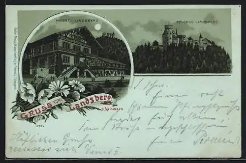 Mondschein-Lithographie Meiningen, Landsberg, Meierei und Schloss