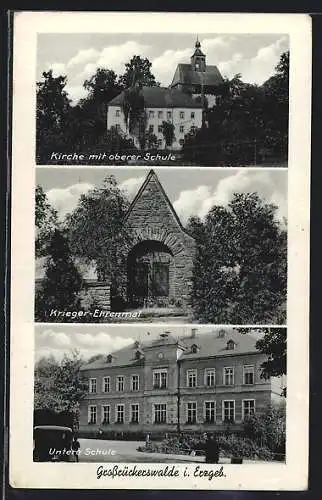 AK Grossrückerswalde i. Erzgeb., Kirche mit oberer Schule, Krieger-Ehrenmal