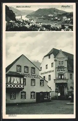 AK Wehlen / Elbe, Hotel Stadt Wehlen und Schmucks Hotel, Panorama mit Pötzscha
