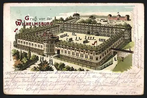 Lithographie Ulm / Donau, Kaserne Wilhelmsburg mit Soldaten