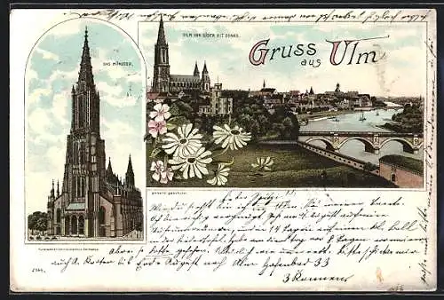 Lithographie Ulm / Donau, Blick auf das Münster, Panorama von Süden mit Donau