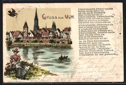 Lithographie Ulm / Donau, Dame am Ufer der Donau, Blick zum Münster