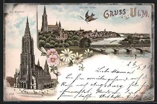 Lithographie Ulm / Donau, Münster, Ortsansicht von Süden gesehen