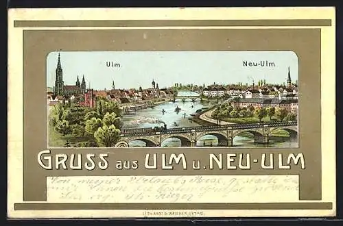 Lithographie Neu-Ulm, Blick auf die Stadt und Ulm