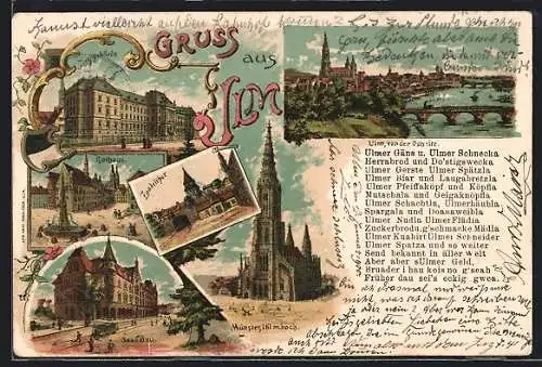 AK Ulm / Donau, Rathaus, Zundeltor, Saalbau, Justizgebäude