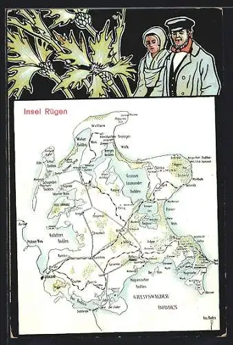AK Bergen /Rügen, Landkarte der Insel Rügen, Fischerpaar, Disteln