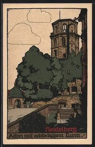 Steindruck-AK Heidelberg, Altan mit achteckigem Turm