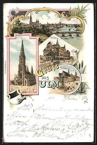 Lithographie Ulm / Donau, Restaurant Saalbau, Münster, Rathaus