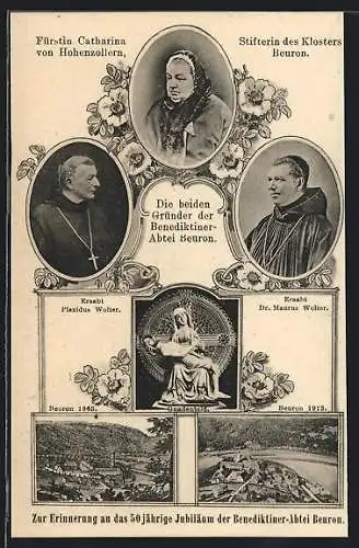 AK Beuron, Ansicht der Benediktiner-Abtei, Porträt von Fürstin Catharina v. Hohenzollern, Erzabt Plazidus u. M. Wolter