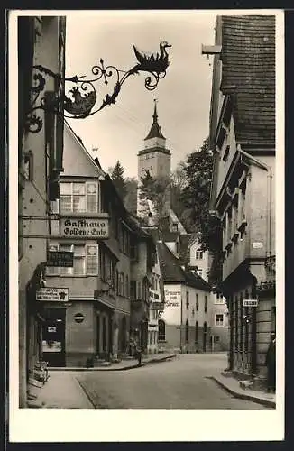 AK Biberach an der Riss, Strassenpartie am Gasthaus Goldene Ente, Brauerei zum Strauss