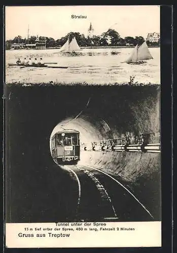 AK Berlin-Stralau, Tunnel unter der Spree mit U-Bahn, Blick nach Stralau