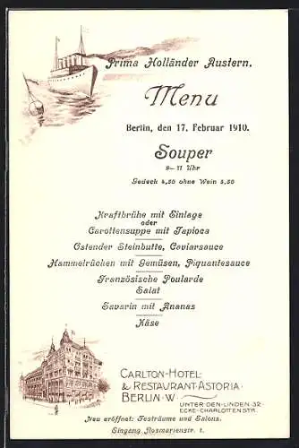 AK Berlin, Carlton-Hotel & Restaurant Astoria, Unter den Linden 32, Menukarte vom 17.02.1910