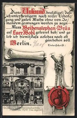 AK Berlin, Gasthof Weihenstephanbräu, Friedrichstrasse 176-177, Urkunde