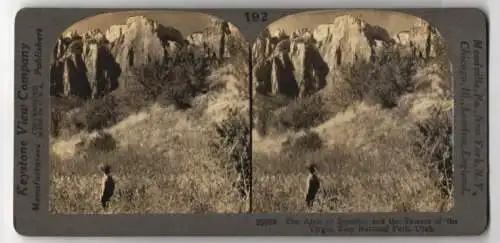 Stereo-Fotografie Keystone View Company, Meadville, Ansicht Zion National Park / Utah, Altar of Sacrifice & Virgin Tower