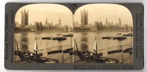 Stereo-Fotografie Keystone View Company, Meadville, Ansicht London, Thames, Westminster Abbey, House of Parliament